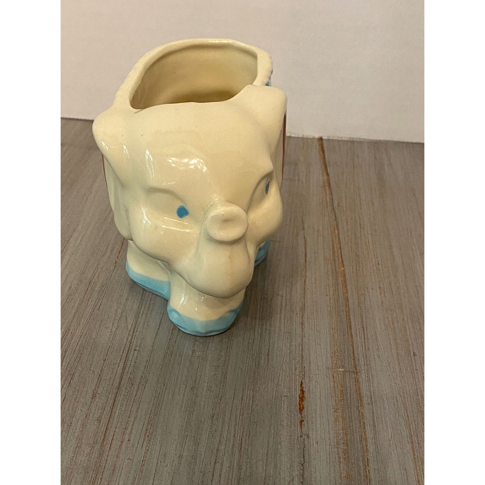 Vintage USA Ceramic Elephant Planter Cream Blue Red Mid Century Pottery Novelty